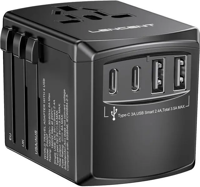 Main image of LENCENT Universal Travel Power Adapter, International AC Plug Adaptor with 2 USB C 2 USB A Ports Wall Charger Worldwide Travel Essentials for US to EU UK Ireland Australia (Type C/G/A/I) Black