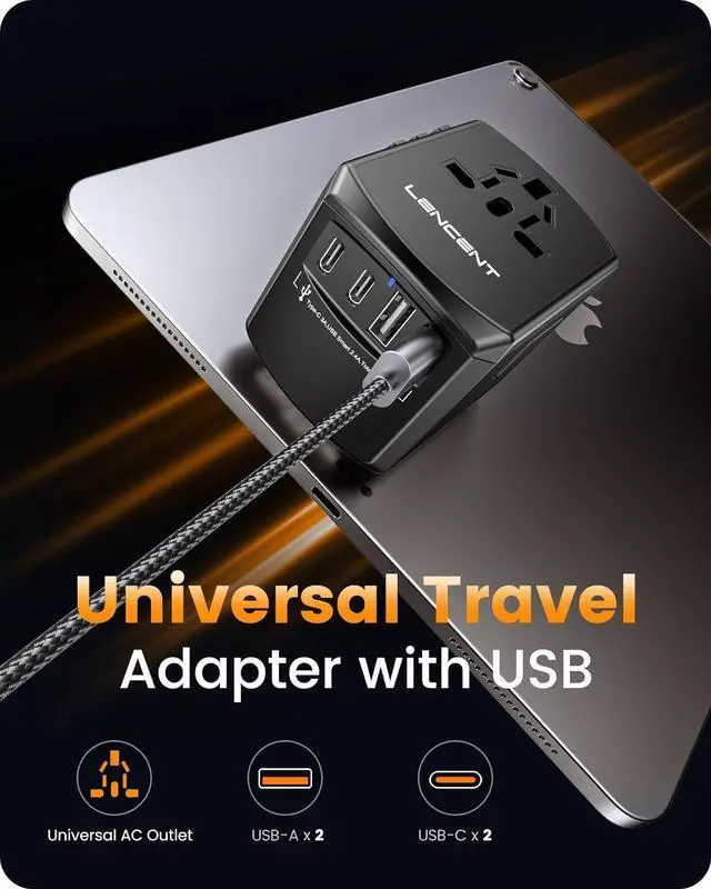 Alt view image 4 of 7 - LENCENT Universal Travel Power Adapter, International AC Plug Adaptor with 2 USB C 2 USB A Ports Wall Charger Worldwide Travel Essentials for US to EU UK Ireland Australia (Type C/G/A/I) Black