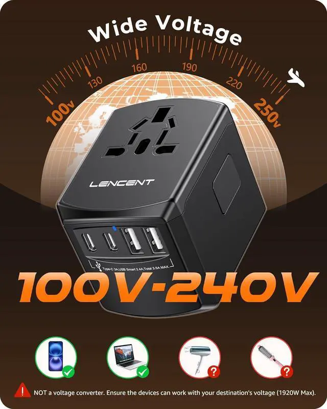 Alt view image 7 of 7 - LENCENT Universal Travel Power Adapter, International AC Plug Adaptor with 2 USB C 2 USB A Ports Wall Charger Worldwide Travel Essentials for US to EU UK Ireland Australia (Type C/G/A/I) Black