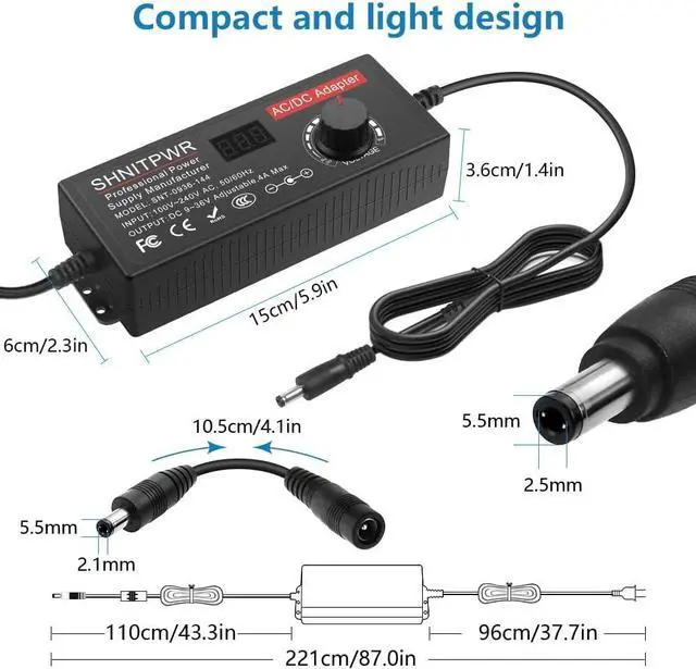 Alt view image 3 of 7 - 144W Universal Power Supply Adjustable DC 36V 30V 24V 20V 19V 14V 12V 9V AC/DC Adapter 100V~240V AC to DC Variable Power Converter 9V ~ 36V 4A 144W Power Adapter with 14 Tips 5.5x2.5mm