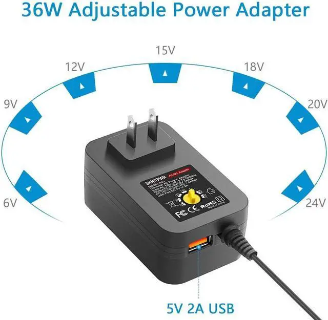 Alt view image 2 of 7 - SHNITPWR 36W Adjustable Power Supply DC 6V~24V Universal Power Adapter 6V 9V 12V 15V 18V 20V 24V Variable Power Supply with 5V 2A USB Port AC/DC adapter Multi-Voltage 100~240V AC to DC Power Converter