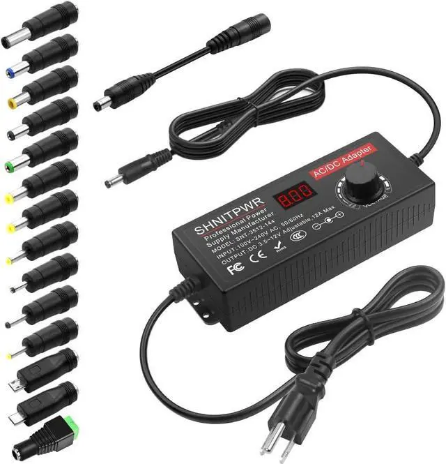 Main image of SHNITPWR Power Supply Adjustable DC 12V 11V 10V 8V 9V 6V 5V 3.5V Universal AC Adapter Multi-Voltage AC/DC Adapter 3.5V~12V 12A 144W DC Power Adapter 100V~240V AC to DC Variable Power Converter 14 Tips