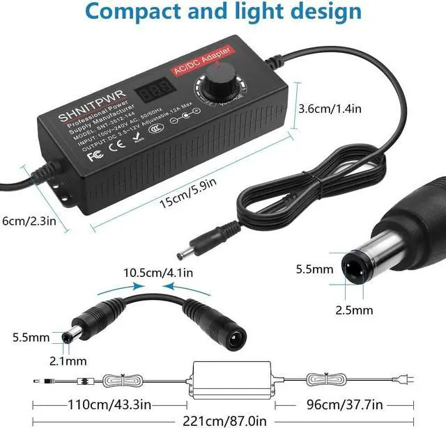 Alt view image 3 of 7 - SHNITPWR Power Supply Adjustable DC 12V 11V 10V 8V 9V 6V 5V 3.5V Universal AC Adapter Multi-Voltage AC/DC Adapter 3.5V~12V 12A 144W DC Power Adapter 100V~240V AC to DC Variable Power Converter 14 Tips