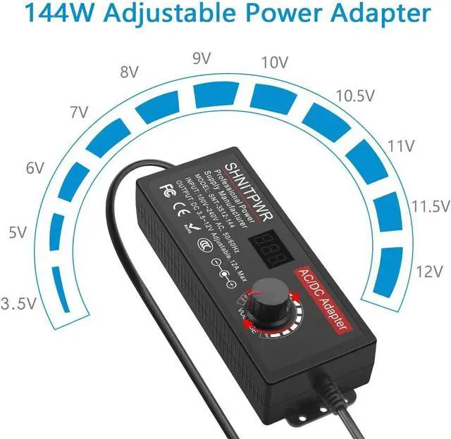 Alt view image 2 of 7 - SHNITPWR Power Supply Adjustable DC 12V 11V 10V 8V 9V 6V 5V 3.5V Universal AC Adapter Multi-Voltage AC/DC Adapter 3.5V~12V 12A 144W DC Power Adapter 100V~240V AC to DC Variable Power Converter 14 Tips