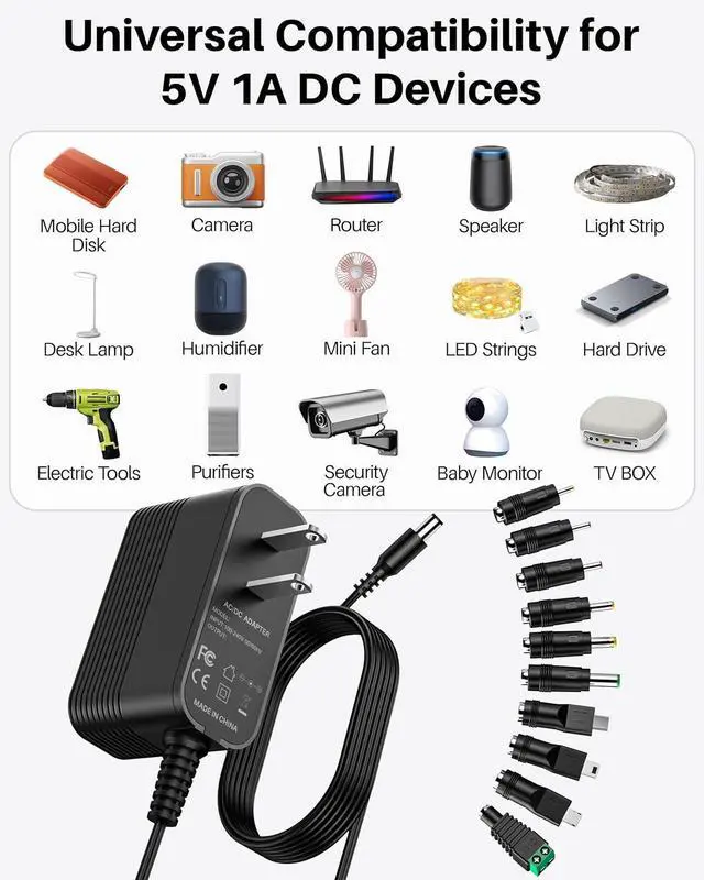 Alt view image 2 of 7 - 5V 1A Charger Power Cord AC Adapter 5V Power Supply DC for Regulated Switching with 10 Interchangeable Jacks Universal for 100mA 200mA 300mA 350mA 400mA 500mA 600mA 700mA 800mA 850mA 900mA Electronics