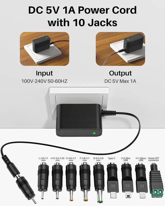 Alt view image 3 of 7 - 5V 1A Charger Power Cord AC Adapter 5V Power Supply DC for Regulated Switching with 10 Interchangeable Jacks Universal for 100mA 200mA 300mA 350mA 400mA 500mA 600mA 700mA 800mA 850mA 900mA Electronics