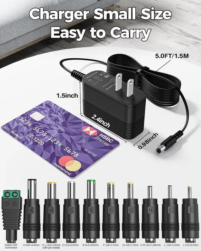 Alt view image 7 of 7 - 9V Power Supply AC Adapter DC 9V Power Cord Universal Power Adapter with 10 Interchangeable Jacks Compatible with 1000mA 900mA 800mA 700mA 600mA 500mA 400mA 300mA 200mA 100mA Electronics