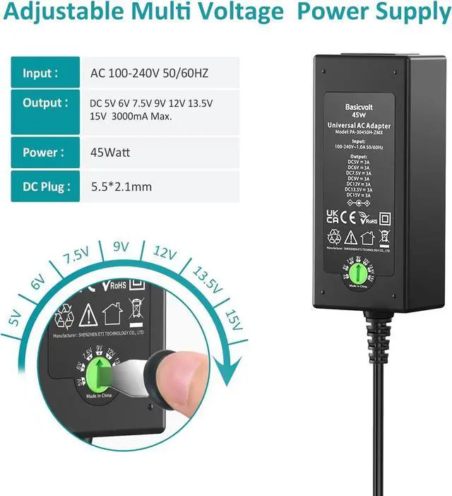 Alt view image 2 of 7 - 45W Universal 15V 13.5V 12V 9V 7.5V 6V 5V DC Power Supply, Switching AC Adapter Replacement Power Cord for LED Strip Lights Baby Monitor Security Cameras, Support 1A 2A 3A Max.