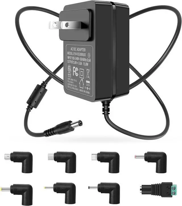 Main image of 5V 3A Power Supply Adapter, 100~240V AC to DC 5 Volt 3A 2.5A 2.0A 1.5A 1A 0.5A Converter with 8 Tips for Led Strip, String Lights, CCTV Cameras, Security System and More