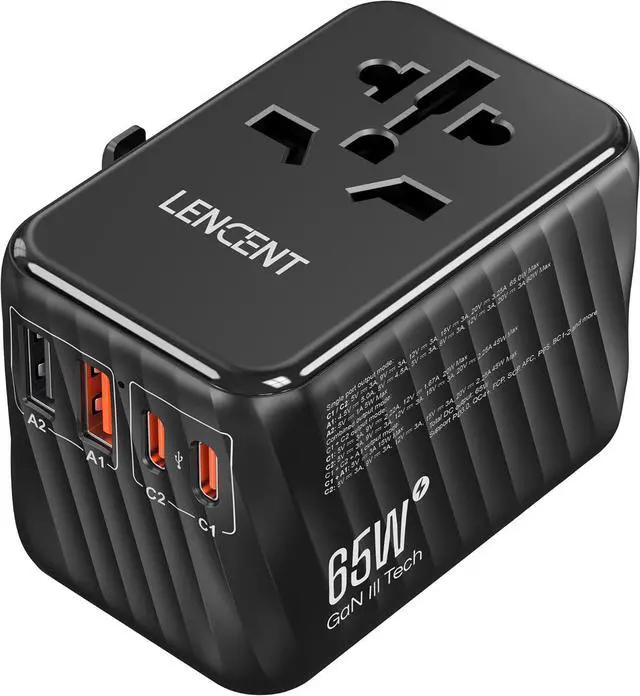Main image of LENCENT Universal Travel Adapter, 65W GaN International Fast Charger with 2 PD3.0 Type C+2 QC USB A, Worldwide Power Adaptor for Phones,Laptops, All in One Travel Essentials for EU/USA/UK/AU, Black