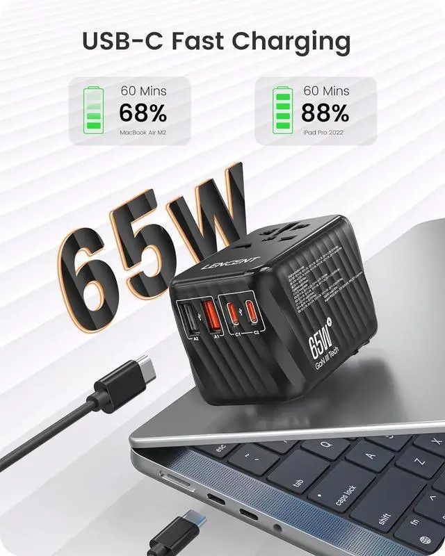 Alt view image 2 of 7 - LENCENT Universal Travel Adapter, 65W GaN International Fast Charger with 2 PD3.0 Type C+2 QC USB A, Worldwide Power Adaptor for Phones,Laptops, All in One Travel Essentials for EU/USA/UK/AU, Black