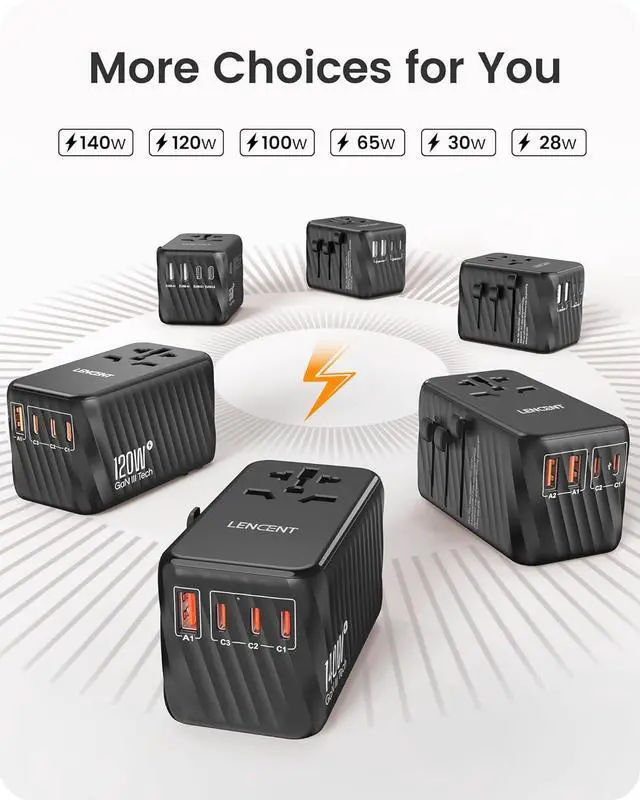 Alt view image 6 of 7 - LENCENT Universal Travel Adapter, 65W GaN International Fast Charger with 2 PD3.0 Type C+2 QC USB A, Worldwide Power Adaptor for Phones,Laptops, All in One Travel Essentials for EU/USA/UK/AU, Black