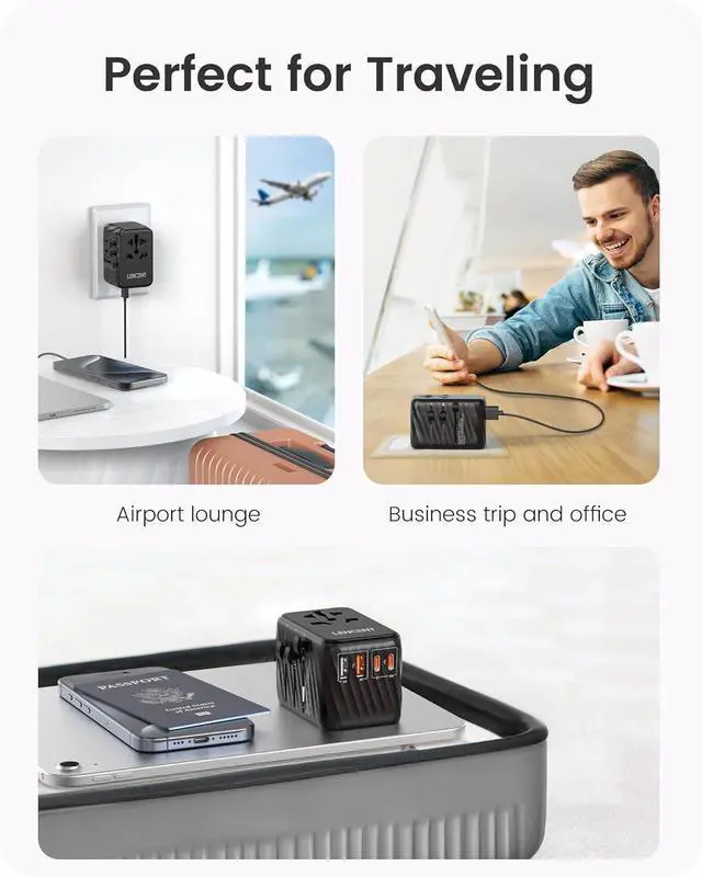 Alt view image 7 of 7 - LENCENT Universal Travel Adapter, 65W GaN International Fast Charger with 2 PD3.0 Type C+2 QC USB A, Worldwide Power Adaptor for Phones,Laptops, All in One Travel Essentials for EU/USA/UK/AU, Black