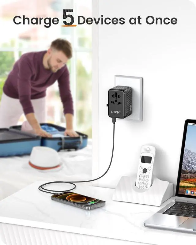 Alt view image 5 of 7 - LENCENT Universal Travel Adapter, 65W GaN International Fast Charger with 2 PD3.0 Type C+2 QC USB A, Worldwide Power Adaptor for Phones,Laptops, All in One Travel Essentials for EU/USA/UK/AU, Black