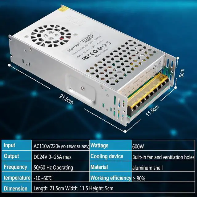 Alt view image 3 of 7 - 24V 25A 600W DC Switching Power Supply, Universal Regulated Switching AC110V/220V (SMPS), 24 Volt Power Supply for 3D Printer, CCTV Camera Security System,Computer Project