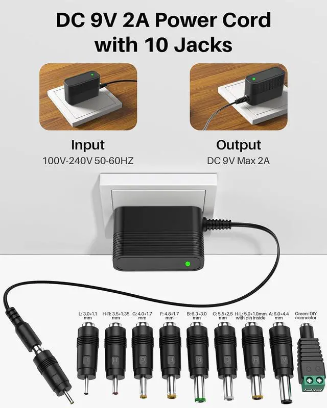 Alt view image 3 of 7 - 9V Power Supply DC Power Cord 9V 2A Power Adapter with 10 Interchangeable Jacks Switching Charger Compatible with 2000mA 1500mA 1000mA 900mA 850mA 800mA 700mA 600mA 500mA Universal Electronics