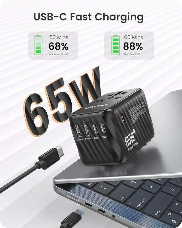 Alt view image 2 of 7 - LENCENT International Travel Adapter, 65W GaN3 Universal Fast Charger with 2 USB A + 3 Type C PD, Worldwide Power Adaptor for Phones,Laptops, All in One Travel Essentials for EU/USA/UK/AU, Black