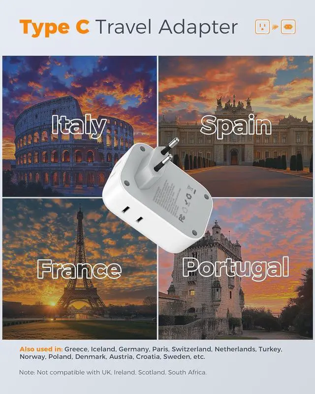 Alt view image 2 of 6 - European Travel Plug Adapter USB C, TESSAN International Plug Adapter with 4 AC Outlets 3 USB Charging Ports, Type C Europe Power Adaptor for US to EU France Germany Iceland Spain Italy