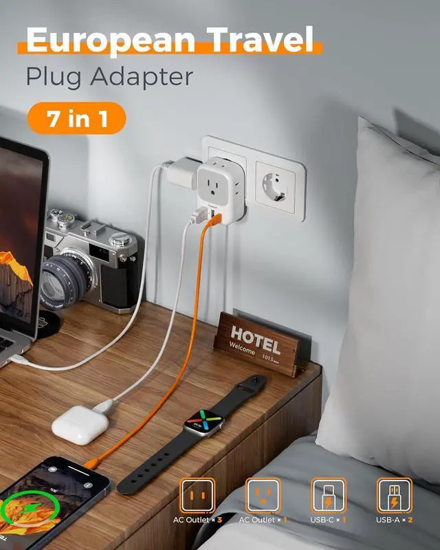 Alt view image 4 of 6 - European Travel Plug Adapter USB C, TESSAN International Plug Adapter with 4 AC Outlets 3 USB Charging Ports, Type C Europe Power Adaptor for US to EU France Germany Iceland Spain Italy