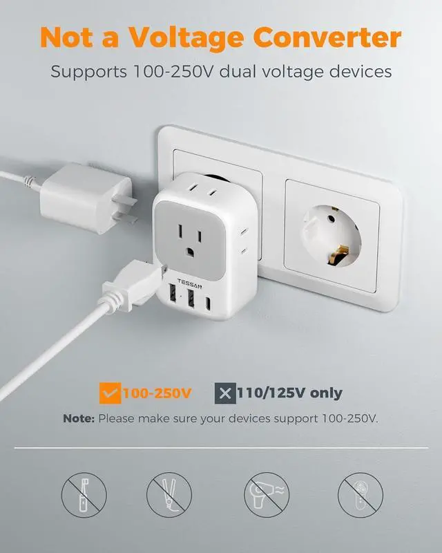 Alt view image 5 of 6 - European Travel Plug Adapter USB C, TESSAN International Plug Adapter with 4 AC Outlets 3 USB Charging Ports, Type C Europe Power Adaptor for US to EU France Germany Iceland Spain Italy