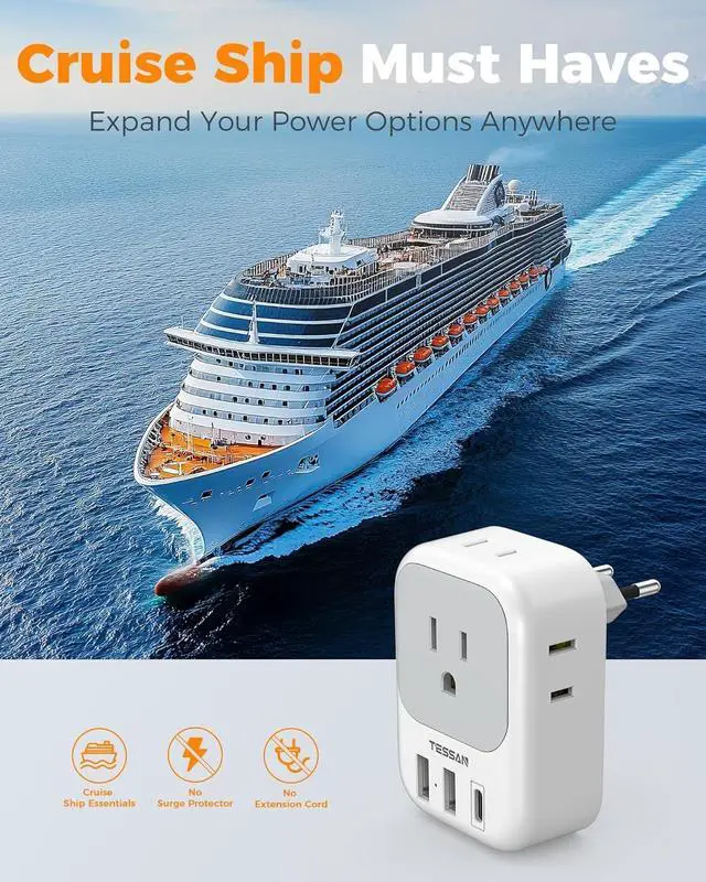 Alt view image 6 of 6 - European Travel Plug Adapter USB C, TESSAN International Plug Adapter with 4 AC Outlets 3 USB Charging Ports, Type C Europe Power Adaptor for US to EU France Germany Iceland Spain Italy