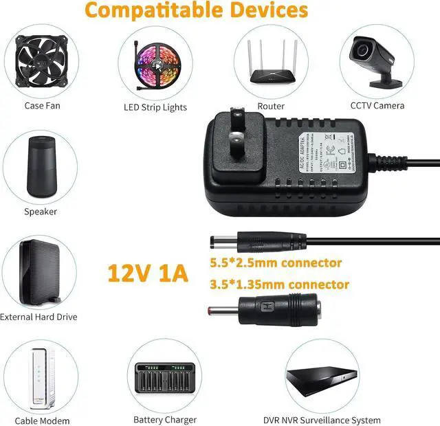 Alt view image 3 of 6 - DCHAV 12V 1A Power Supply AC to DC Adapter Power Cord 5.5mmx2.5mm and 3.5mmx1.35mm Tip 100-240V 50-60Hz Wall Plug 4ft Output 12 Volt 1 Amp for CCTV Camera LED Light Speaker (Not 5.5mmx2.1mm Tip)