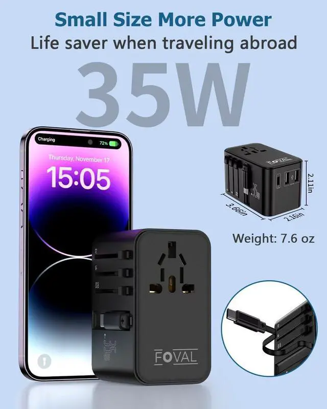 Alt view image 7 of 7 - FOVAL European Travel Plug Adapter, Universal Travel Adapter with Retractable USB C Cable, All-in-one International Power Adapter for Europe Italy UK US AUS (35W)