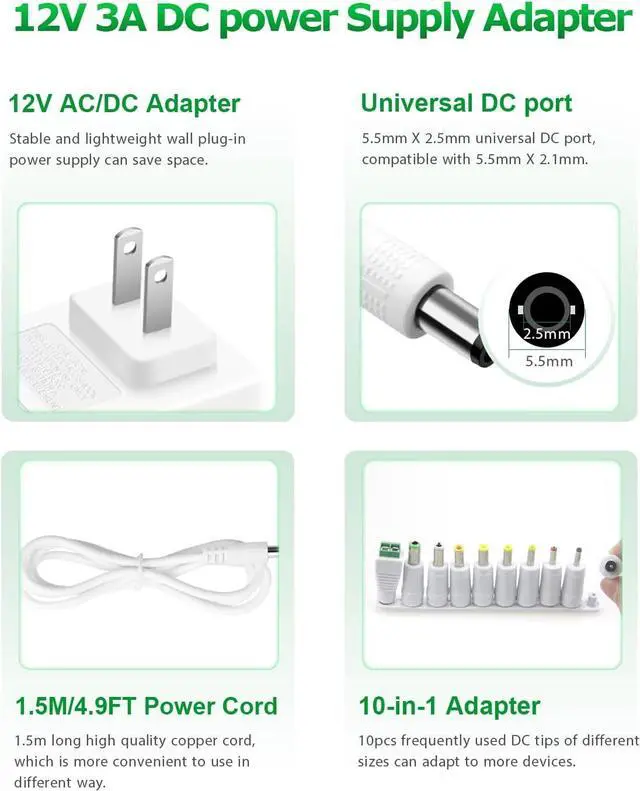 Alt view image 2 of 6 - 12V DC Power Supply 12V 3A Power Adapter 36W AC 100V-240V to DC 12Volt 3amp AC/DC Charger Power Cord 12V 2.5A 2A 1.5A 1A 800mA 500mA for Security Camera GPS Webcam Microphone Receiver w/ 10TIPS