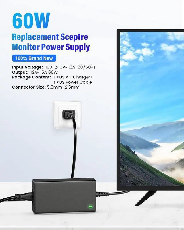 Alt view image 3 of 7 - 12V 5A Power Cord, AC Adapter for EC Series 35" 32" 30" 27" 24" 22" 20" 19" 15" E205W E225W E248W E275W C325W-1920R Charger