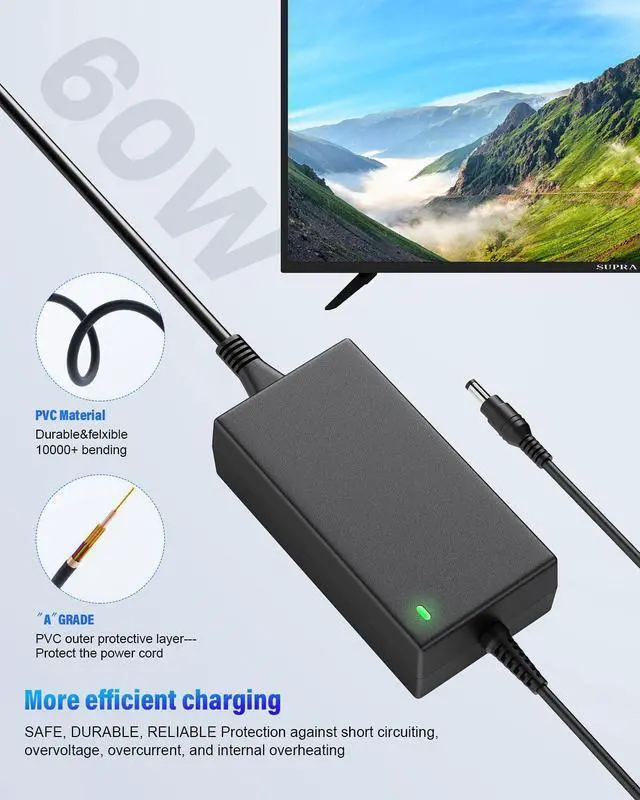 Alt view image 5 of 7 - 12V 5A Power Cord, AC Adapter for EC Series 35" 32" 30" 27" 24" 22" 20" 19" 15" E205W E225W E248W E275W C325W-1920R Charger