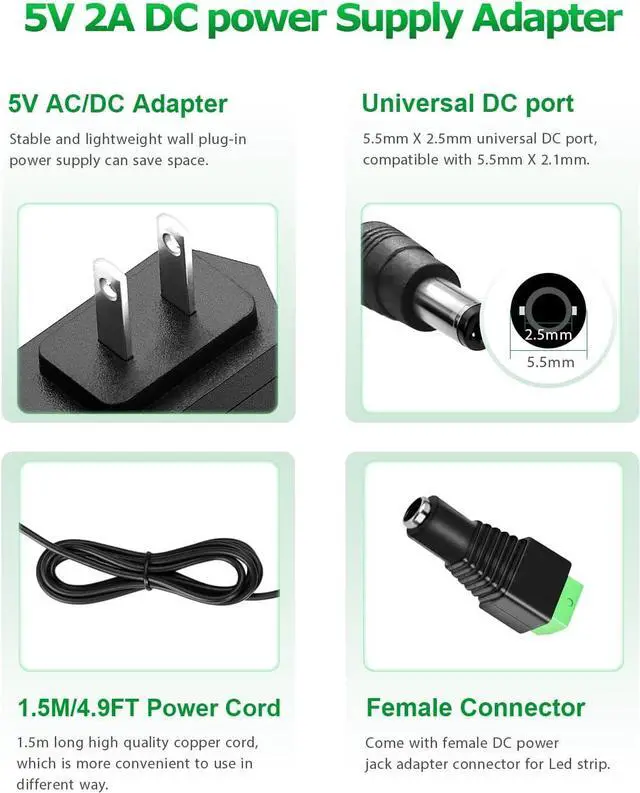 Alt view image 2 of 6 - 5V 2A Power Supply Adapter DC 5V 2000mA Power Cord AC/DC Charger AC 100V-240V to DC 5 Volt 1.5A 1Amp 0.5A for Security Camera Baby Monitor Graco Swing TV Box Raspberry Pi USB Type C (5 Pack)