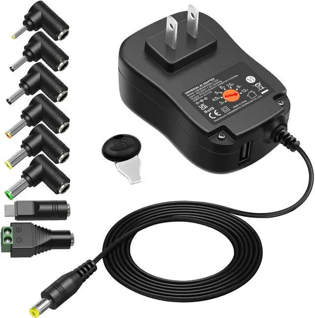 Main image of Powseed 36W 3V 4.5V 5V 6V 7.5V 9V 12V 3A DC Power Supply Cord with USB Wall Charger 5V 2A 10W for Phone Security Camera Router Speaker Webcam HUB LED, Universal AC Adapter with 8 Tips Micro USB