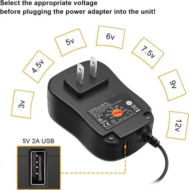 Alt view image 3 of 7 - Powseed 36W 3V 4.5V 5V 6V 7.5V 9V 12V 3A DC Power Supply Cord with USB Wall Charger 5V 2A 10W for Phone Security Camera Router Speaker Webcam HUB LED, Universal AC Adapter with 8 Tips Micro USB