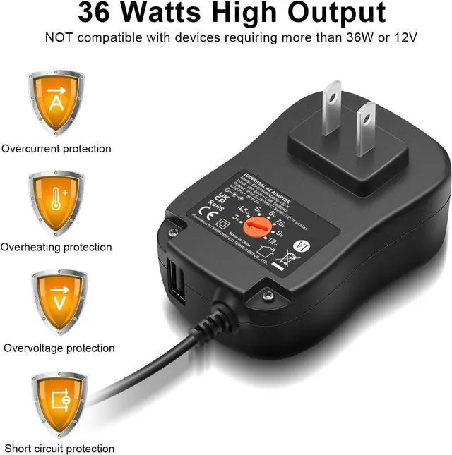 Alt view image 6 of 7 - Powseed 36W 3V 4.5V 5V 6V 7.5V 9V 12V 3A DC Power Supply Cord with USB Wall Charger 5V 2A 10W for Phone Security Camera Router Speaker Webcam HUB LED, Universal AC Adapter with 8 Tips Micro USB