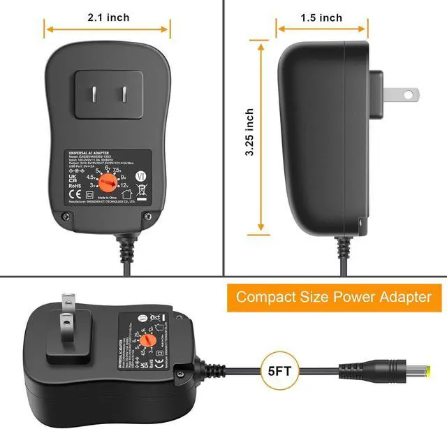 Alt view image 7 of 7 - Powseed 36W 3V 4.5V 5V 6V 7.5V 9V 12V 3A DC Power Supply Cord with USB Wall Charger 5V 2A 10W for Phone Security Camera Router Speaker Webcam HUB LED, Universal AC Adapter with 8 Tips Micro USB