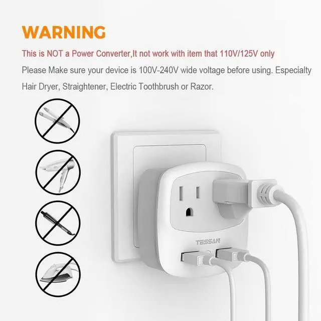 Alt view image 5 of 6 - TESSAN Brazil Power Adapter, US to Brazil Plug Adaptor with 2 American Outlets and 2 USB Charging Ports, Type N Travel Adapter for USA to Brazilian Brasil