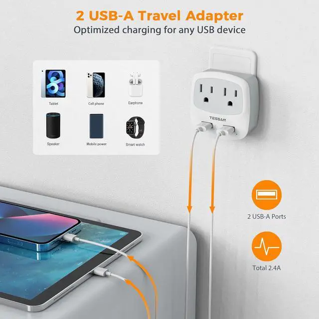 Alt view image 4 of 6 - TESSAN Brazil Power Adapter, US to Brazil Plug Adaptor with 2 American Outlets and 2 USB Charging Ports, Type N Travel Adapter for USA to Brazilian Brasil