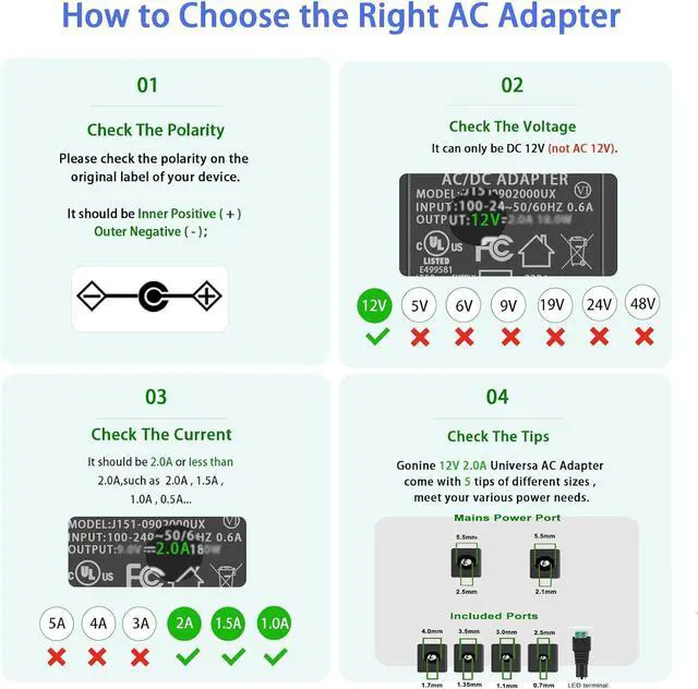 Alt view image 3 of 7 - 12V 2A AC Adapter Power Supply with Switch UL Listed, 100-240V AC to DC 12VDC Power Cord Transformer Charger fit for 12Volts 2.0A 2000mA 1.5a 1500mA 1.0A 1000mA 0.5a 500mA 0.1A-2.0A.