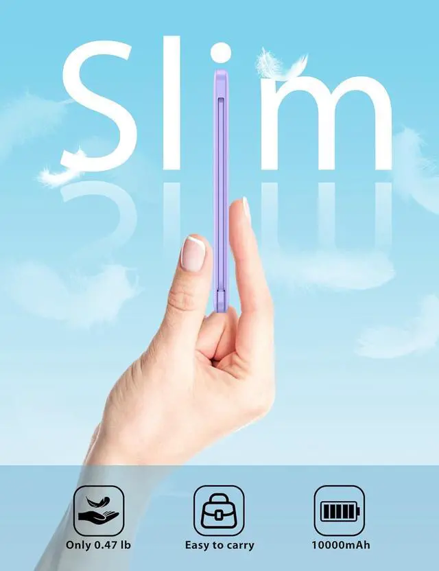 Alt view image 2 of 7 - miisso 10000mAh Slim Portable Charger with Built in Cable, Power Bank Travel Charger External Battery Pack for Phone, 4 Output USB Type C Cord Clutch Charger Compatible with iPhone, Purple