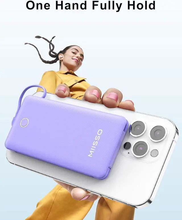 Alt view image 3 of 7 - miisso 10000mAh Slim Portable Charger with Built in Cable, Power Bank Travel Charger External Battery Pack for Phone, 4 Output USB Type C Cord Clutch Charger Compatible with iPhone, Purple