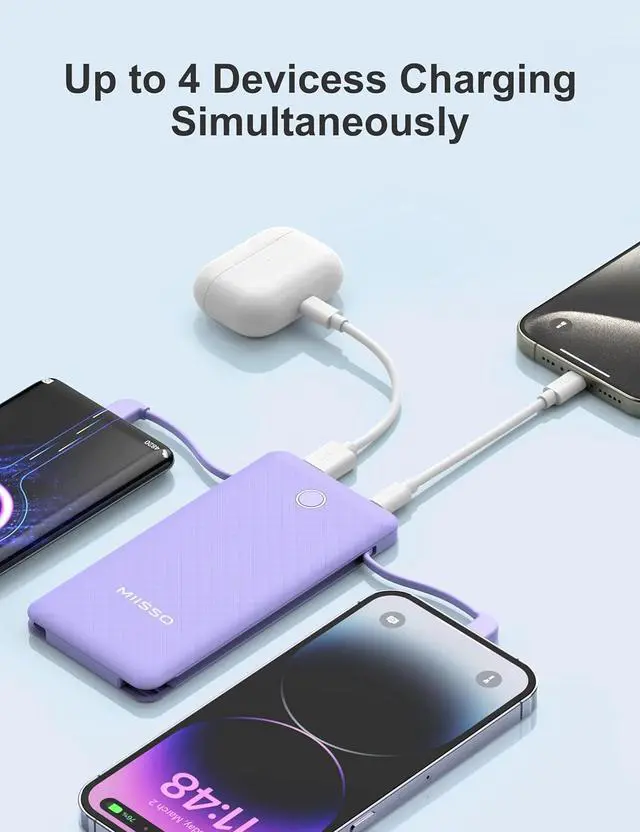 Alt view image 4 of 7 - miisso 10000mAh Slim Portable Charger with Built in Cable, Power Bank Travel Charger External Battery Pack for Phone, 4 Output USB Type C Cord Clutch Charger Compatible with iPhone, Purple