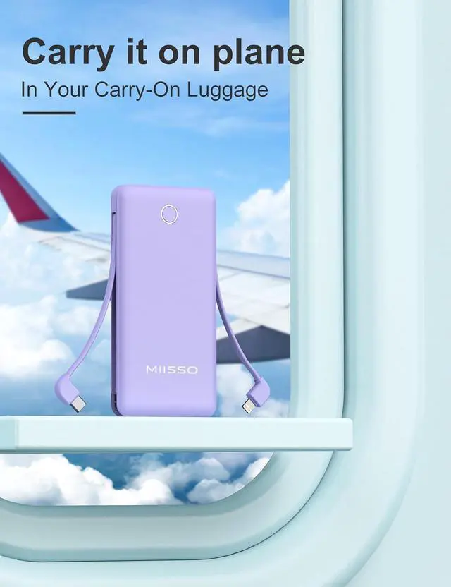 Alt view image 6 of 7 - miisso 10000mAh Slim Portable Charger with Built in Cable, Power Bank Travel Charger External Battery Pack for Phone, 4 Output USB Type C Cord Clutch Charger Compatible with iPhone, Purple