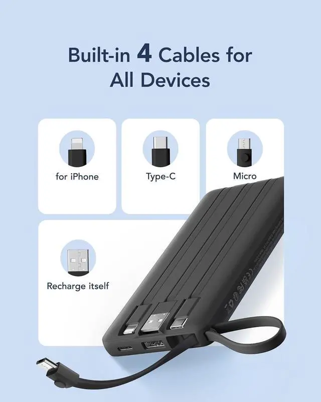 Alt view image 3 of 7 - VRURC Portable Charger with Built in Cables, Slim Power Bank 10000mAh, USB C Battery Pack Travel Essential, 5 Outputs 2 Inputs Phone Charging Bank for iPhone 16 15 14 13,Samsung,Android-Black(1 Pack)