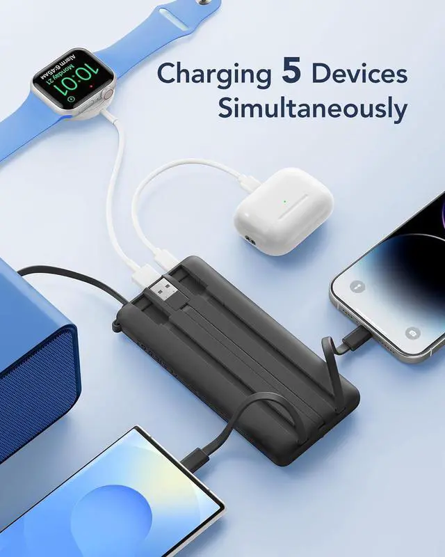 Alt view image 4 of 7 - VRURC Portable Charger with Built in Cables, Slim Power Bank 10000mAh, USB C Battery Pack Travel Essential, 5 Outputs 2 Inputs Phone Charging Bank for iPhone 16 15 14 13,Samsung,Android-Black(1 Pack)