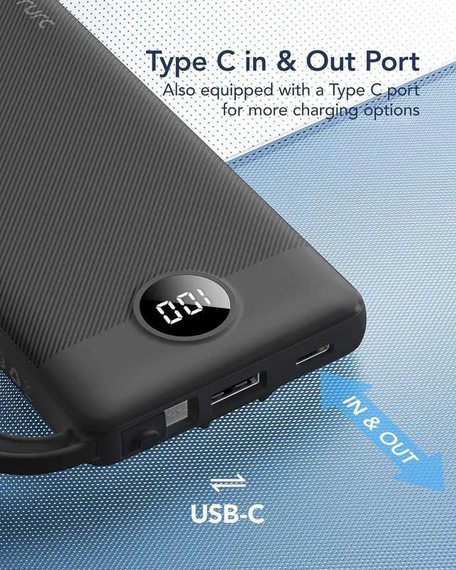 Alt view image 6 of 7 - VRURC Portable Charger with Built in Cables, Slim Power Bank 10000mAh, USB C Battery Pack Travel Essential, 5 Outputs 2 Inputs Phone Charging Bank for iPhone 16 15 14 13,Samsung,Android-Black(1 Pack)