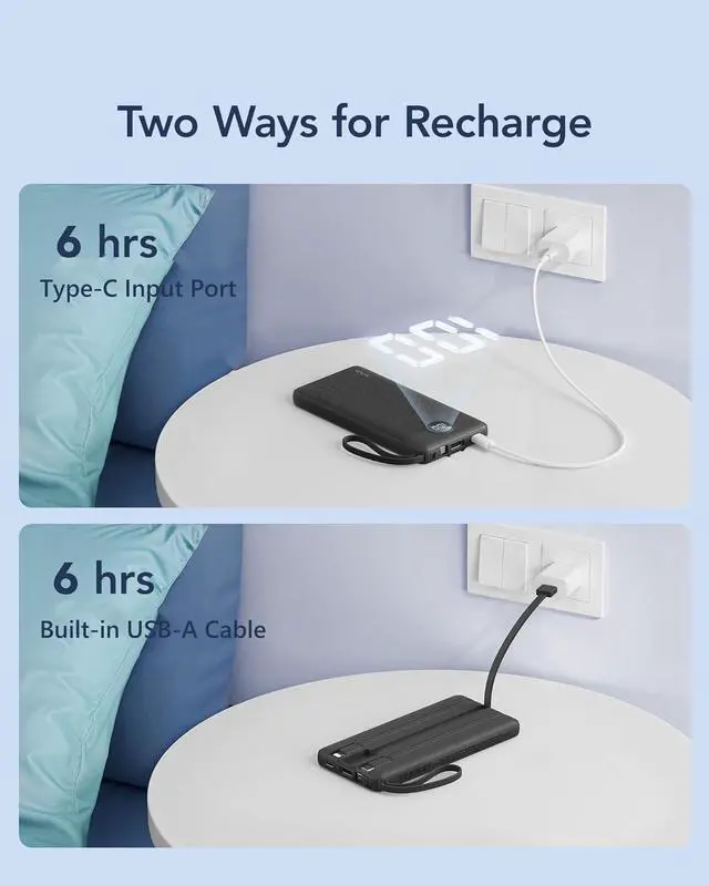 Alt view image 7 of 7 - VRURC Portable Charger with Built in Cables, Slim Power Bank 10000mAh, USB C Battery Pack Travel Essential, 5 Outputs 2 Inputs Phone Charging Bank for iPhone 16 15 14 13,Samsung,Android-Black(1 Pack)
