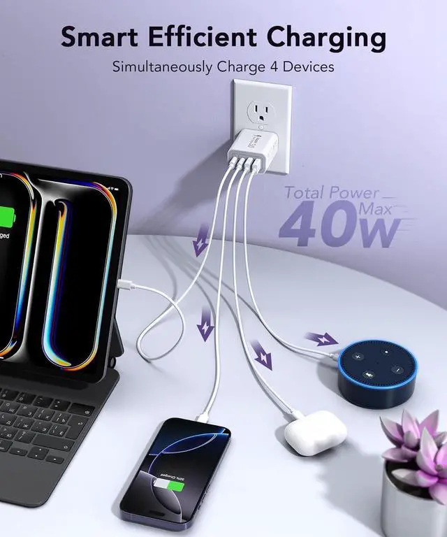 Alt view image 2 of 7 - 40W USB C Charger Block, 2-Pack 4-Port Type C Fast Charging Brick Dual PD&QC Wall Plug Adapter Compatible for iPhone 16/15/15 Pro/ 15 Pro Max/14/13/12, iPad, Airpods, iwatch, Samsung Galaxy