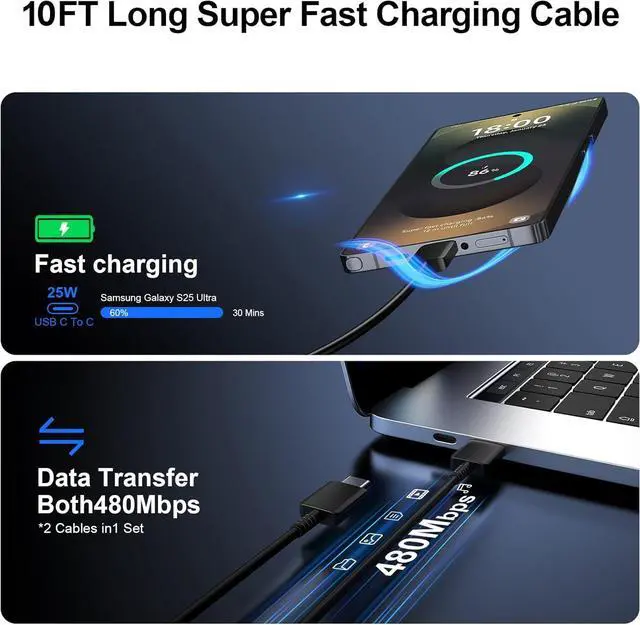Alt view image 5 of 6 - Super Fast Charger Type C 25W USB C Wall Charger Fast Charging for  Galaxy S25 Ultra/S25/S25+/S24+/S24 Ultra/S24/S24+/S23 Ultra/S22 Ultra/S21 with 10FT Long Android Type C Charger Cable 2Pack
