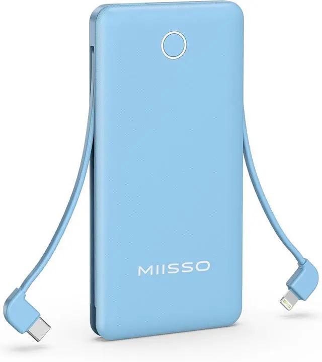 Main image of 10000mAh Compatible with iPhone 15/16/17 (Only) Slim Portable Charger with Built in Cable, Power Bank Travel Charger External Battery Pack for Phone, 3 Output USB Type C Cord Clutch Charger, Blue