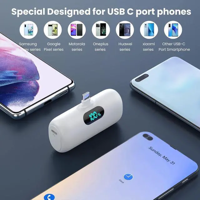Alt view image 2 of 6 - [2-Pack] Mini Portable Charger 5000mAh Power Bank,3A PD USB C Cell Phone Portable Power, LCD Display Battery Pack Compatible with iPhone 16/15/15 plus/15 pro/15 pro Max/Android/Samsung/Moto/LG etc